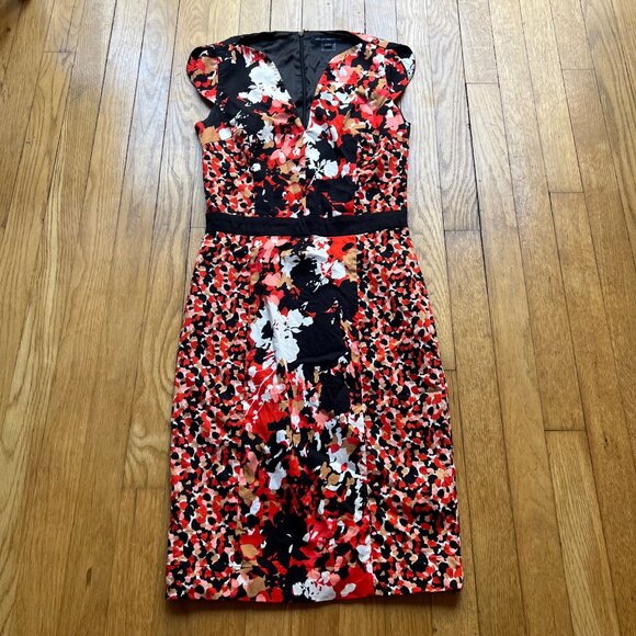 French Connection Size 2 Red Orange Black Floral Print V-Neck Sheath Mini Dress - Picture 7 of 16